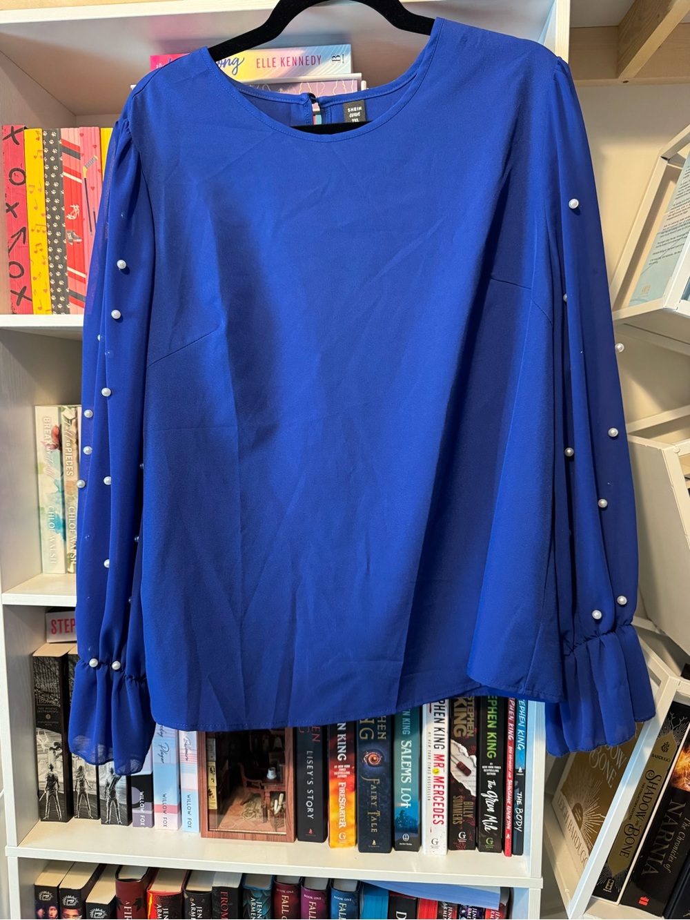 SHEIN Royal Blue Pearl-Embellished Long Sleeve Blouse